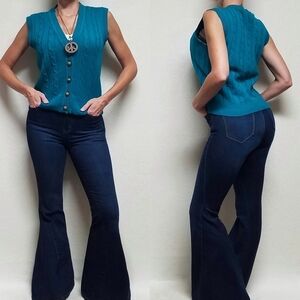 70s Vintage Catch One Turquoise Corded Knit Knot Shank Button Up Sweater Vest L